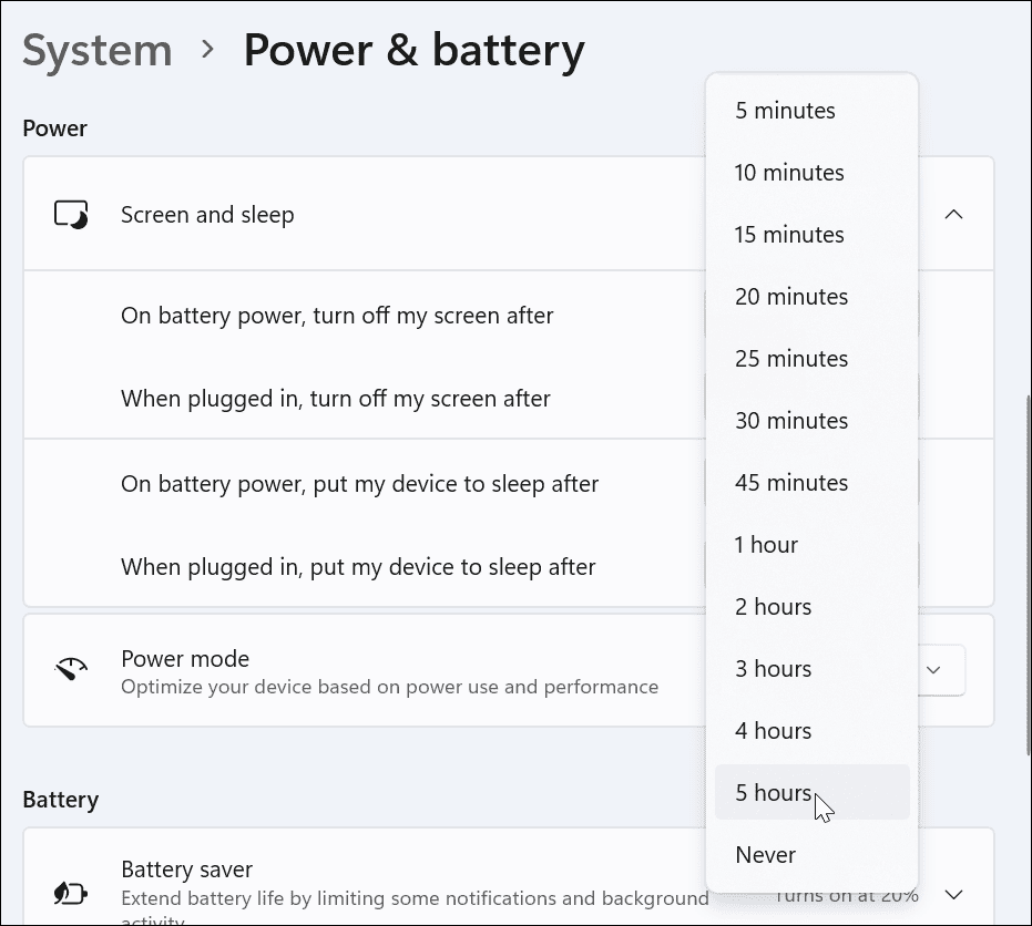 choose battery and power windows 11