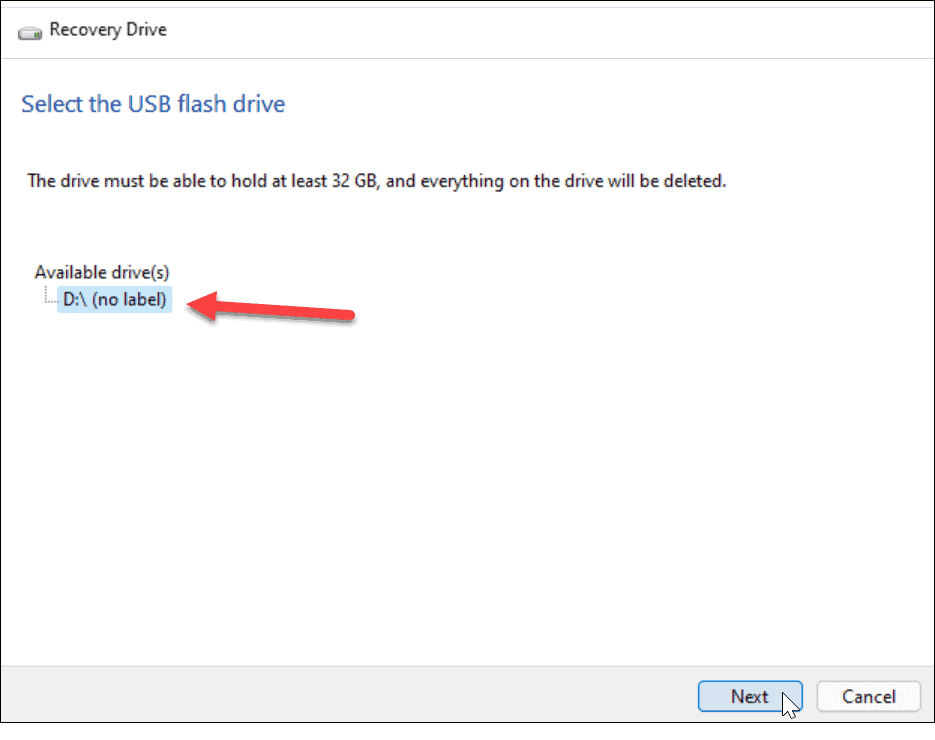 выберите диск восстановления Windows 11