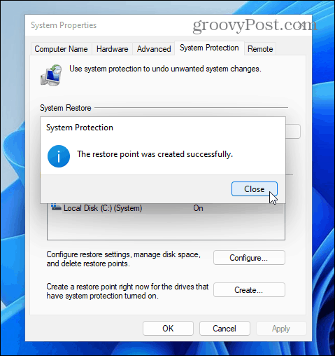 point de restauration réussi Windows 11