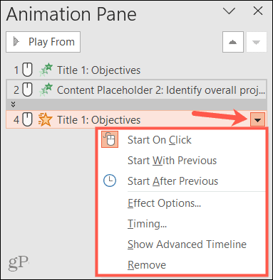 Animation options in the pane