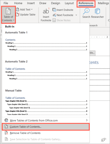 Select Custom Table of Contents in Word