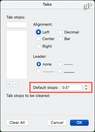 Default tab stops in Word on Mac