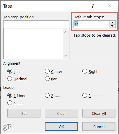Default tab stops in Word on Windows