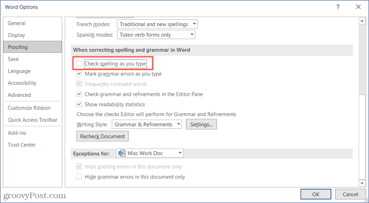 Disable spell check in Word on Windows