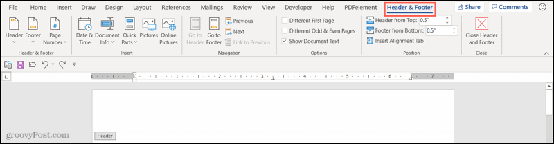 Header and Footer tab in Word