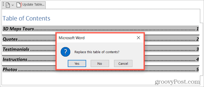 Replace table of contents in Word