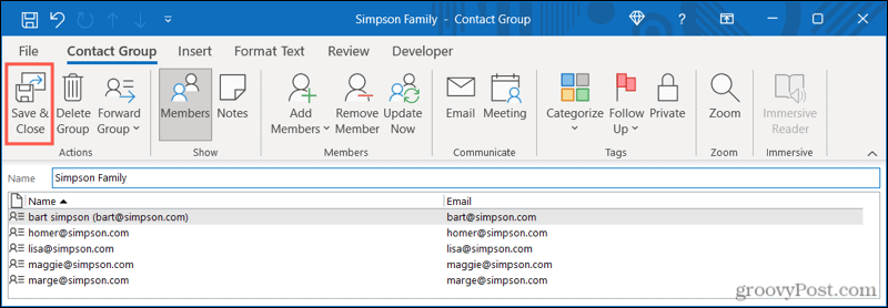 Save the contact group in Outlook