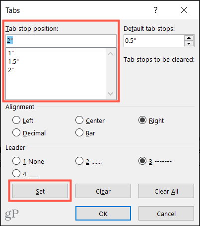 Set up tab stops in Word on Windows