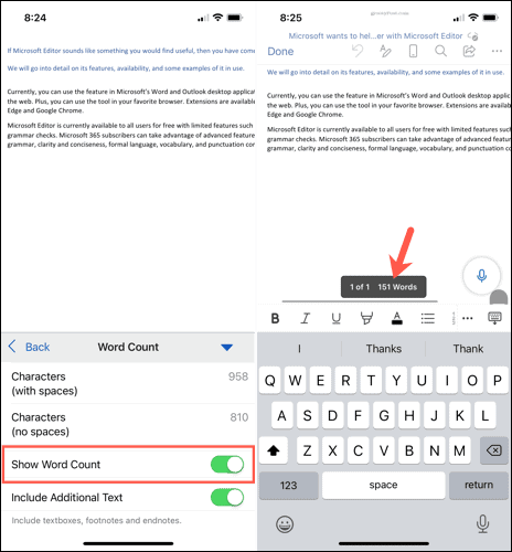 Show the word count in Word on mobile