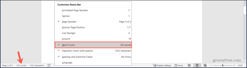 Word count in the Status Bar on Windows