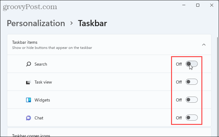 Hide Taskbar items in Windows 11