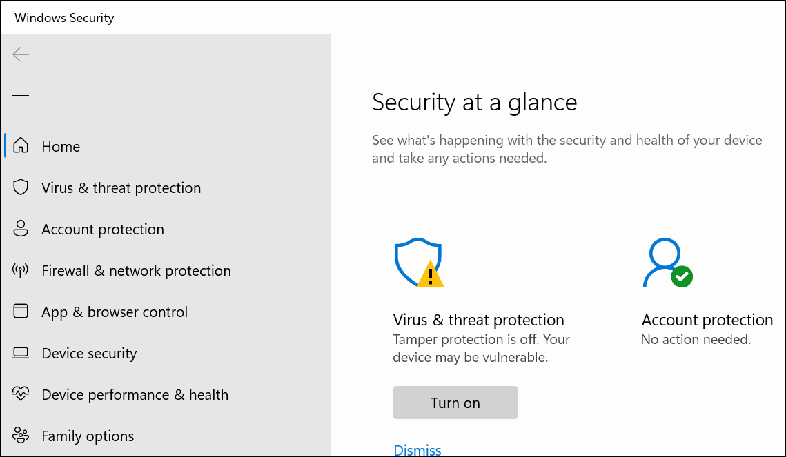 virus and threat protection disabled