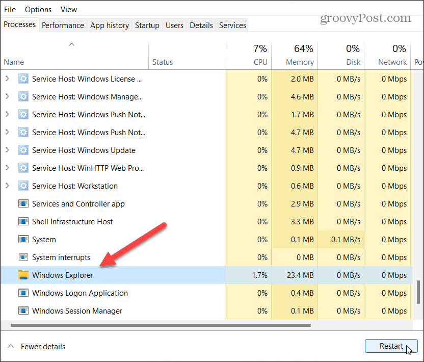 mulai ulang pengelola tugas Windows Explorer