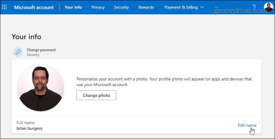 Edit Name Microsoft account