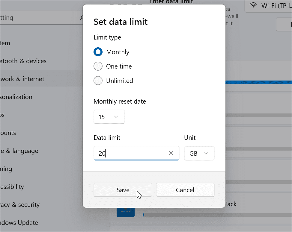 adjust data limit Windows 11 Metered Connection