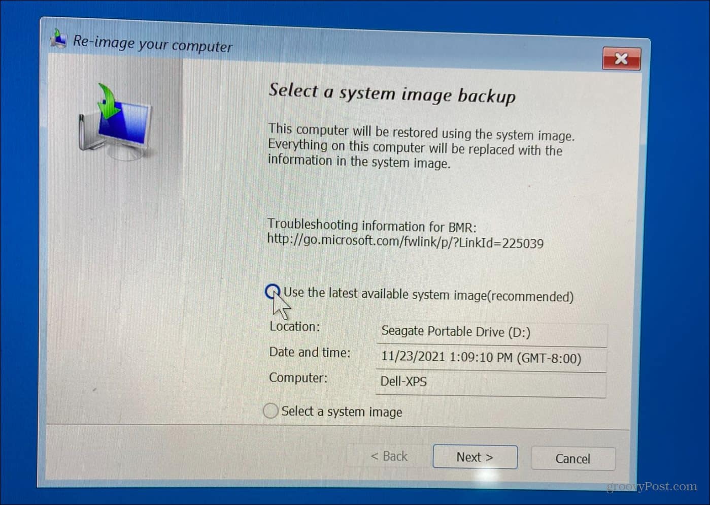 Select System Image Backup