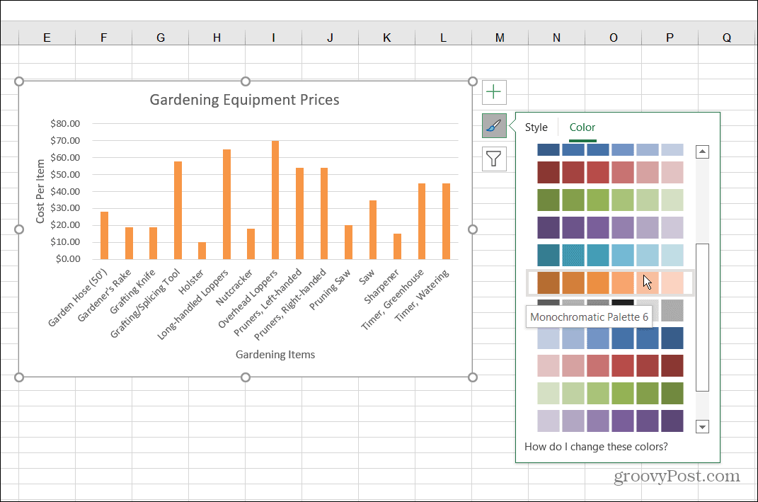 Изменить столбчатую диаграмму стиля цвета Excel