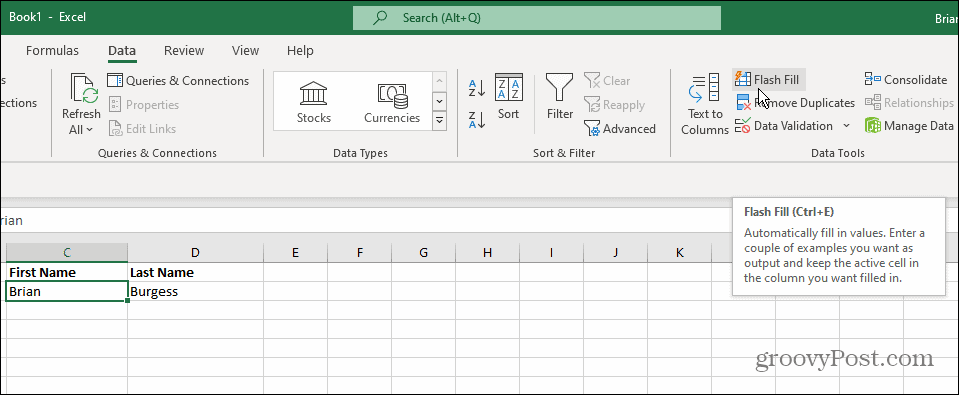 Data Tools Flash Fill Excel