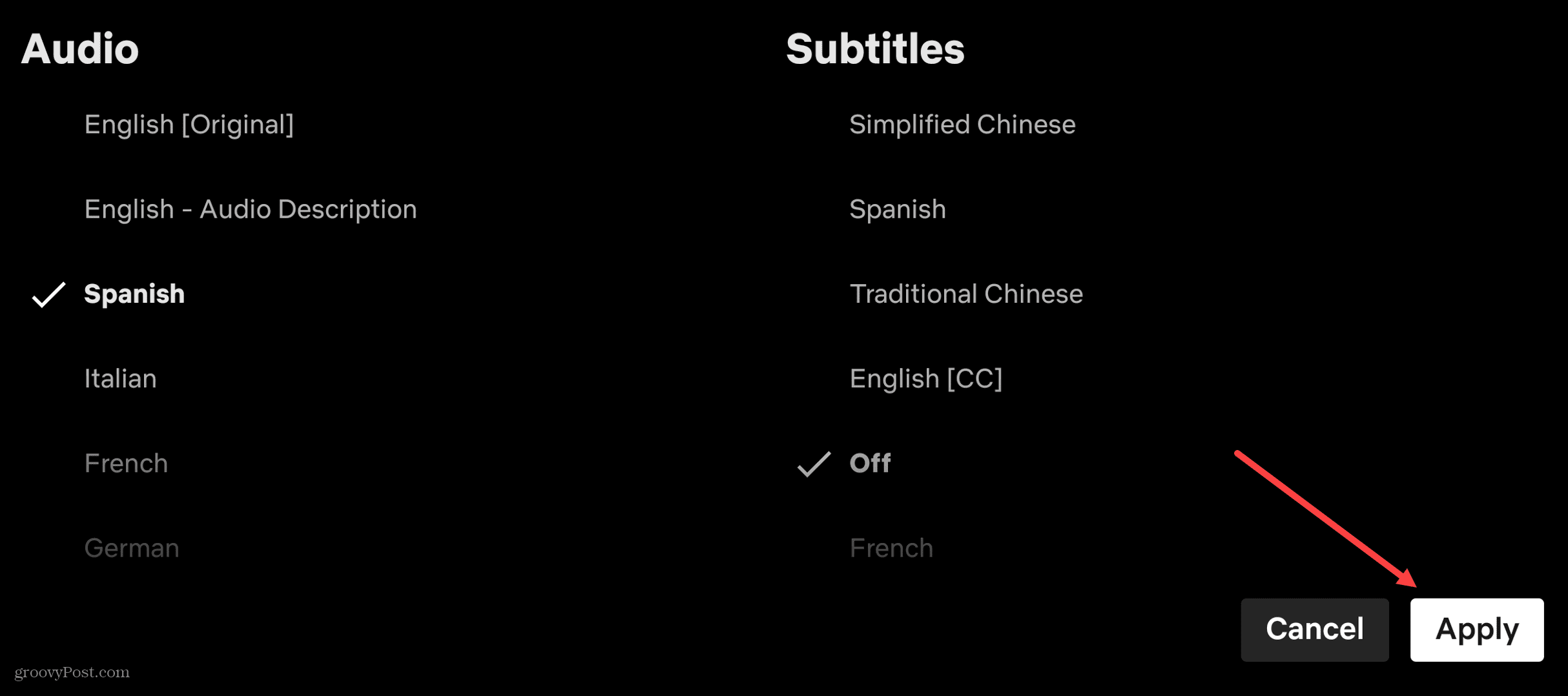 choose audio and subtitles