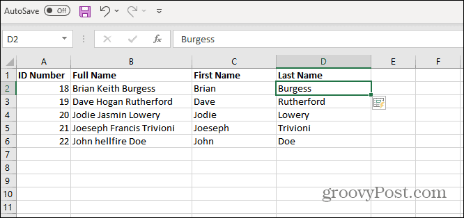 Last Names listed excel