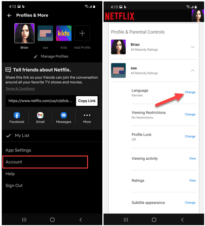 Netflix Android-App-Konto