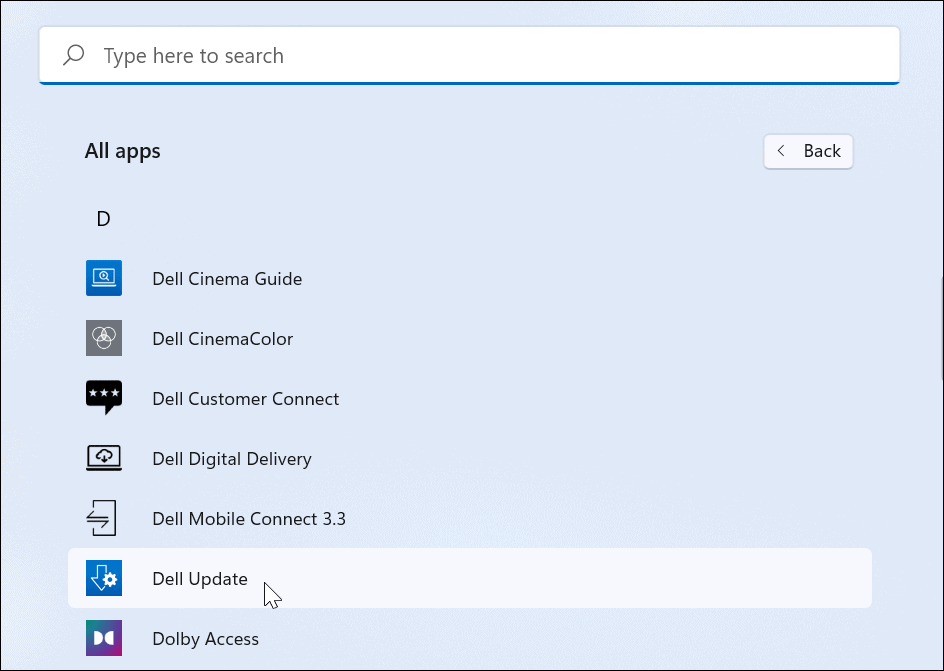 Dell Utility Start menu