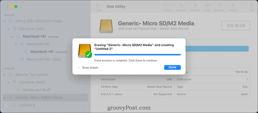 Disk Utility Erase SD Card - Process Complete