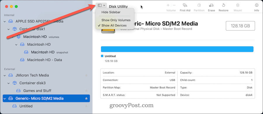 macOS disk utility view options