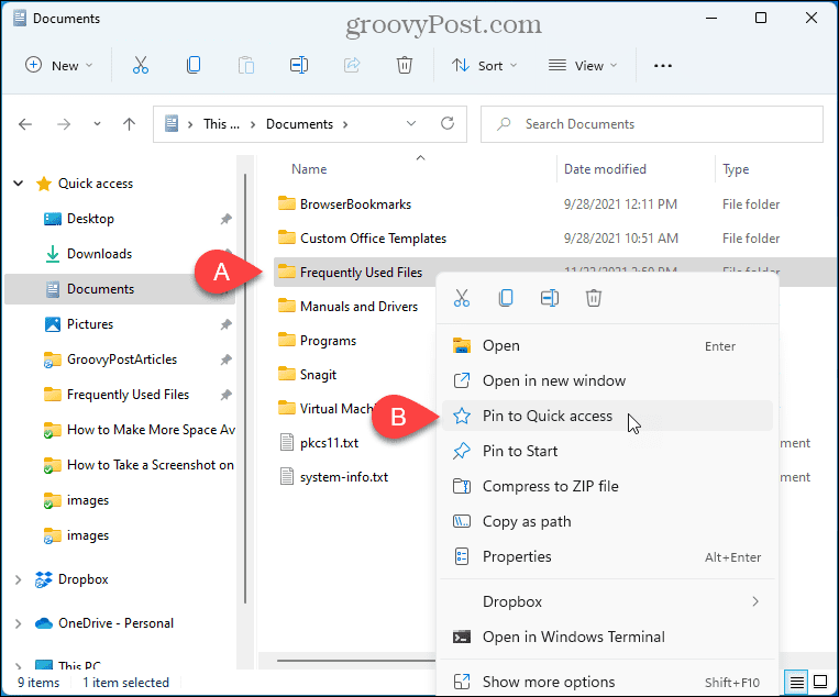 Select Pin to Quick Access in File Explorer