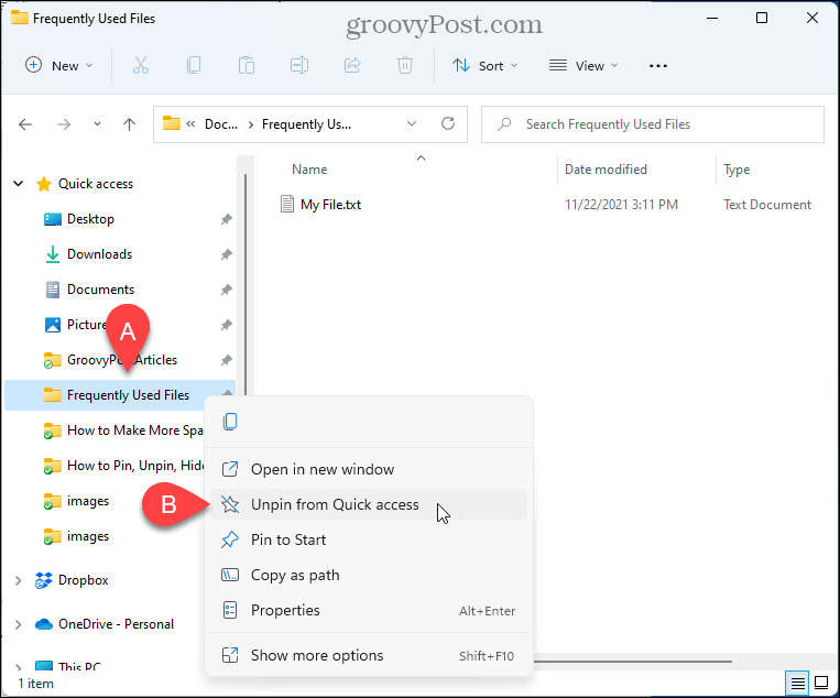 Select Unpin from Quick Access in File Explorer