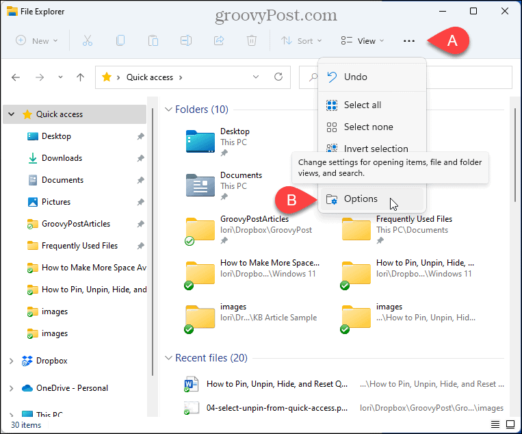 Select Options in File Explorer