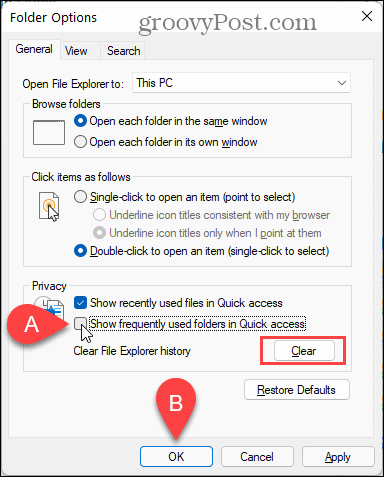 Disable Show frequently used folders in Quick Access