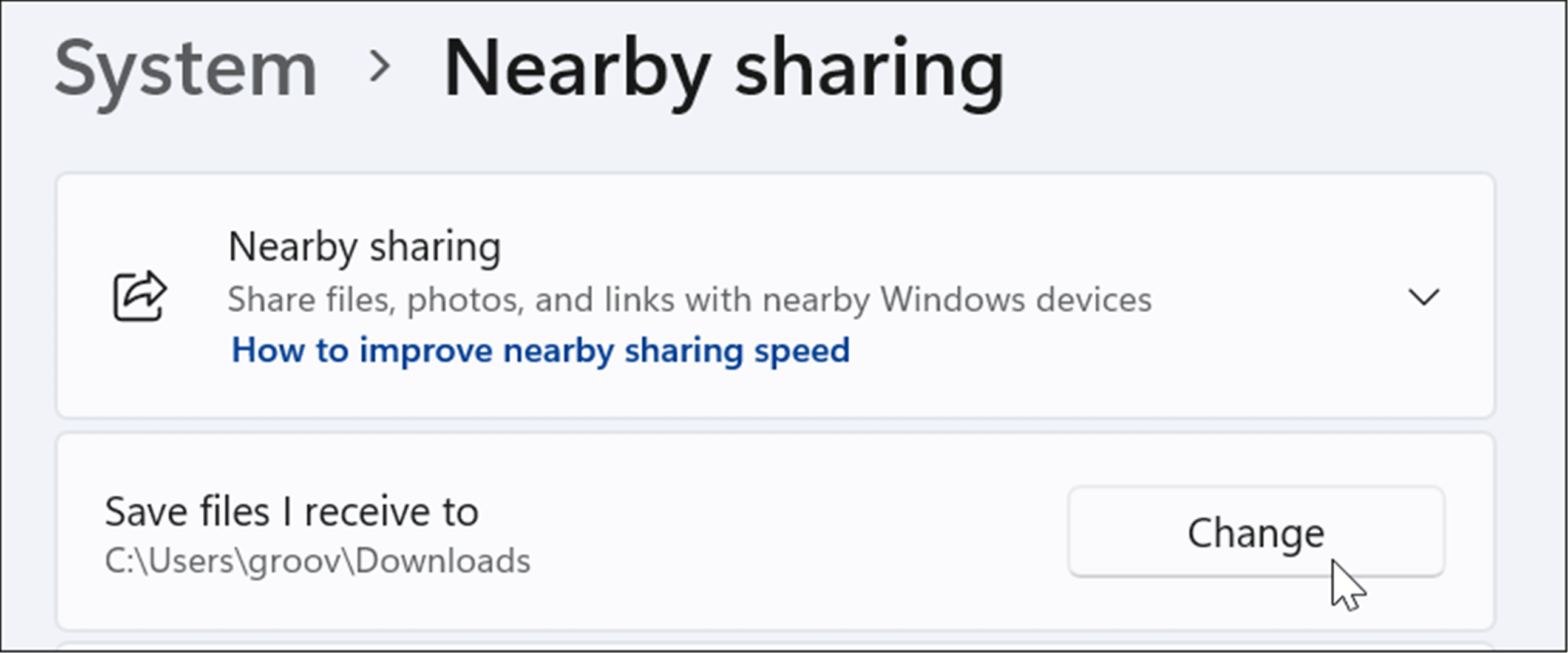 Change nearby sharing download location