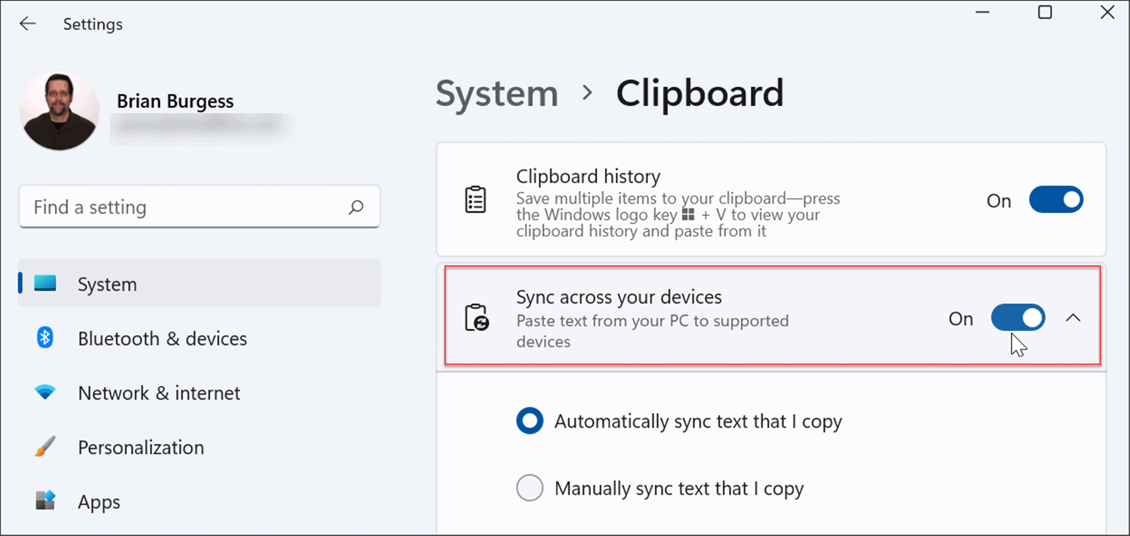 sync clipboard history across devices Windows 11
