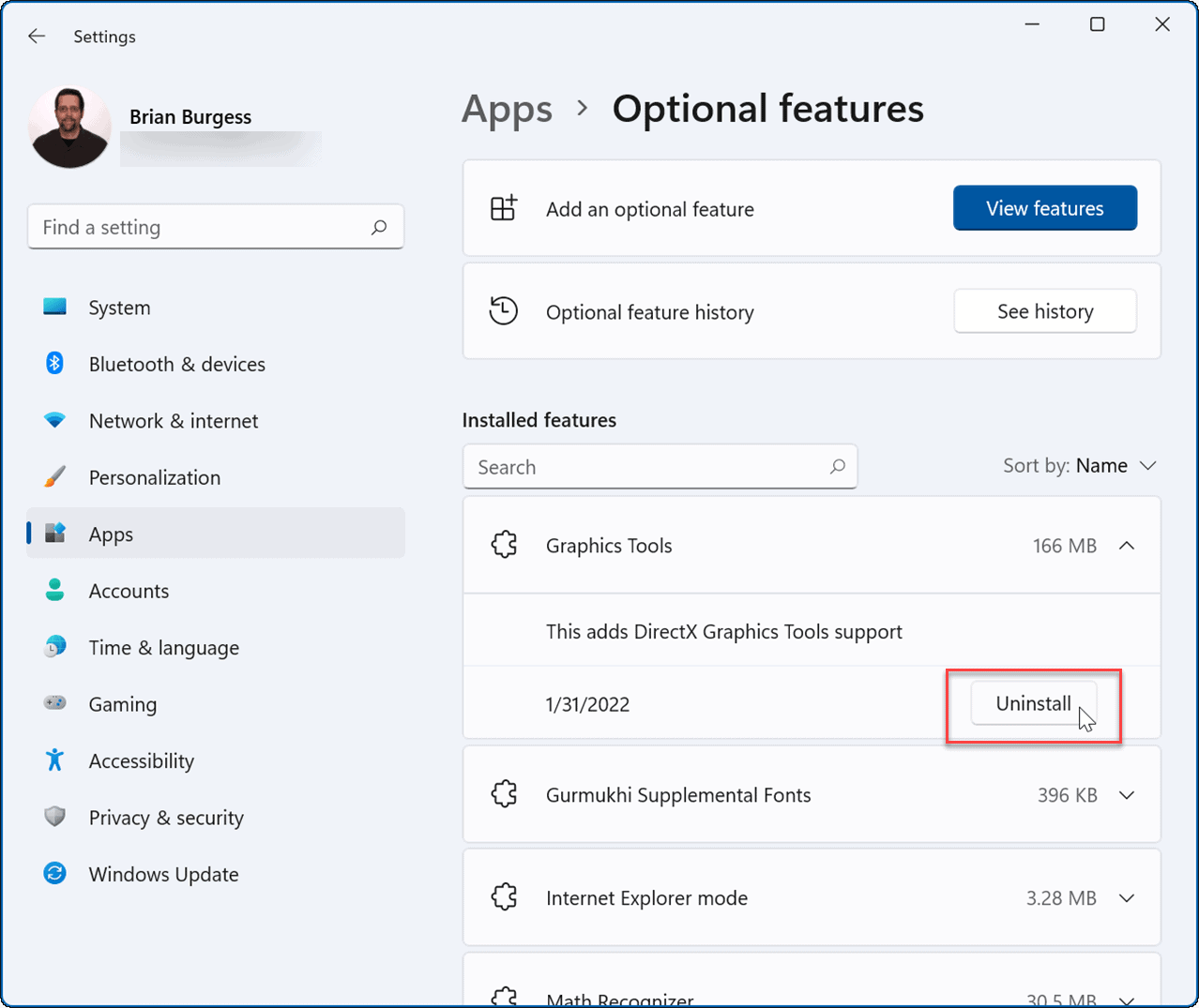 uninstall optional features windows 11