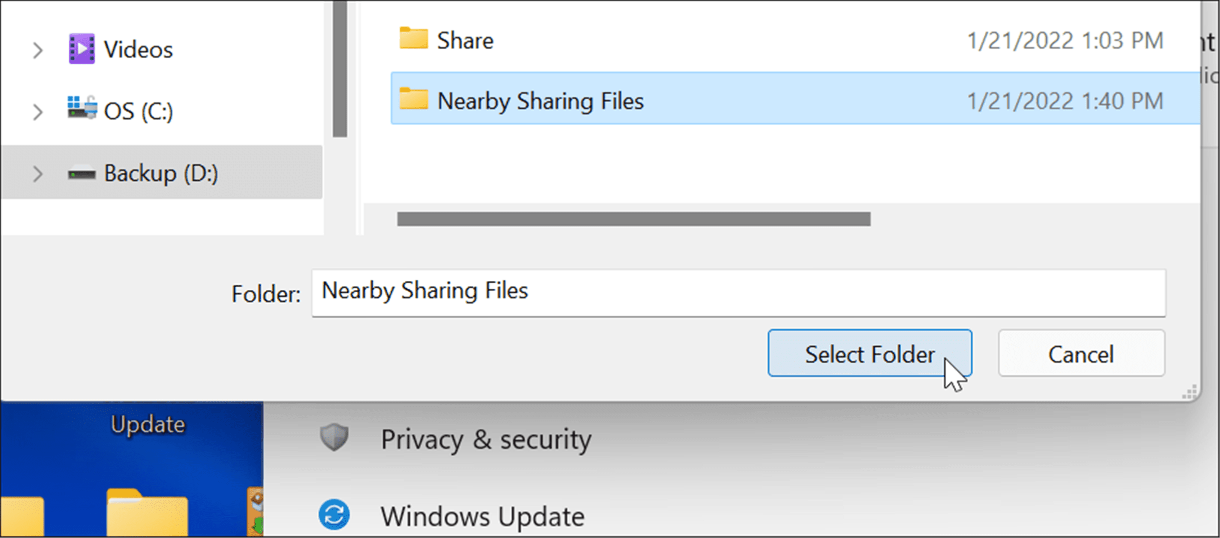 Select new nearby sharing folder
