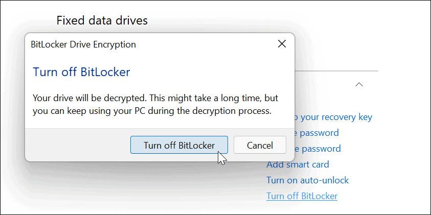Turn off BitLocker confirm