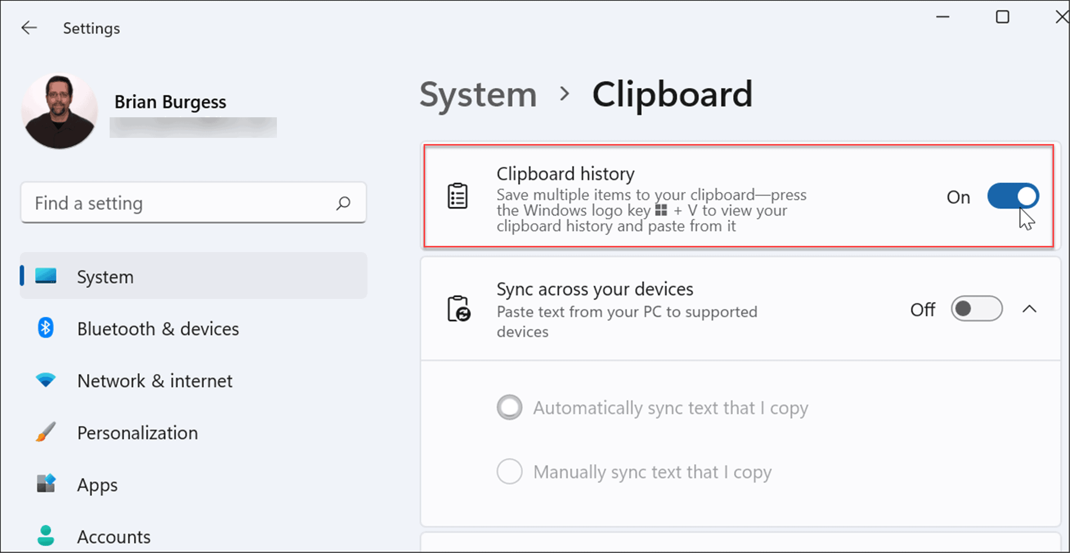 enable clipboard history on Windows 11