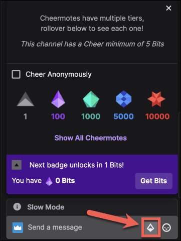 Select the diamond icon in the Twitch chat to send bits to a streamer
