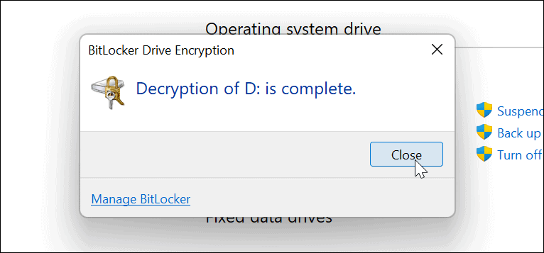 Decrypting drive complete