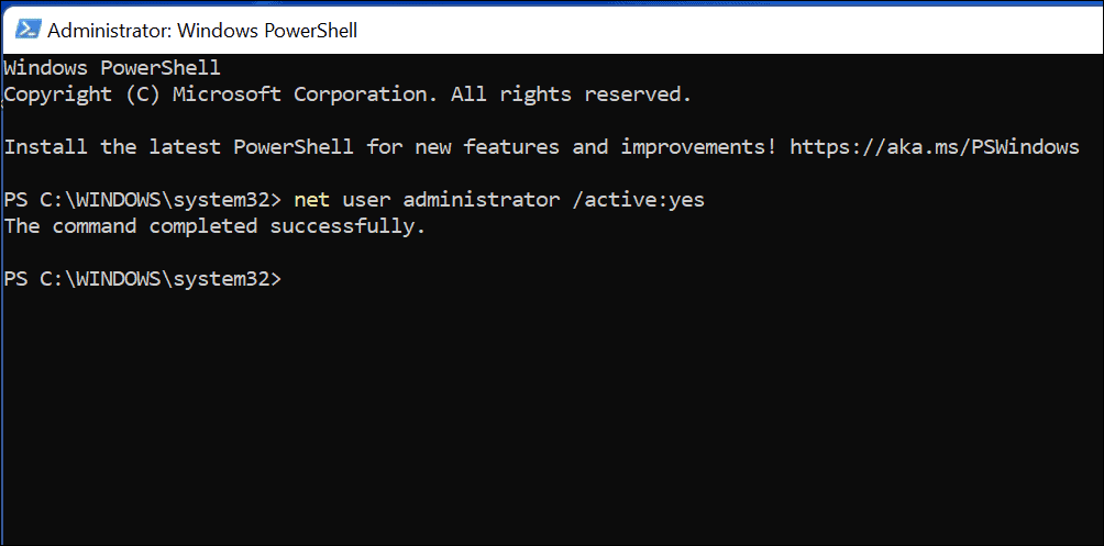 command to enable administrator account on Windows 11