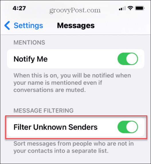 hide unkown senders spam texts on iPhone