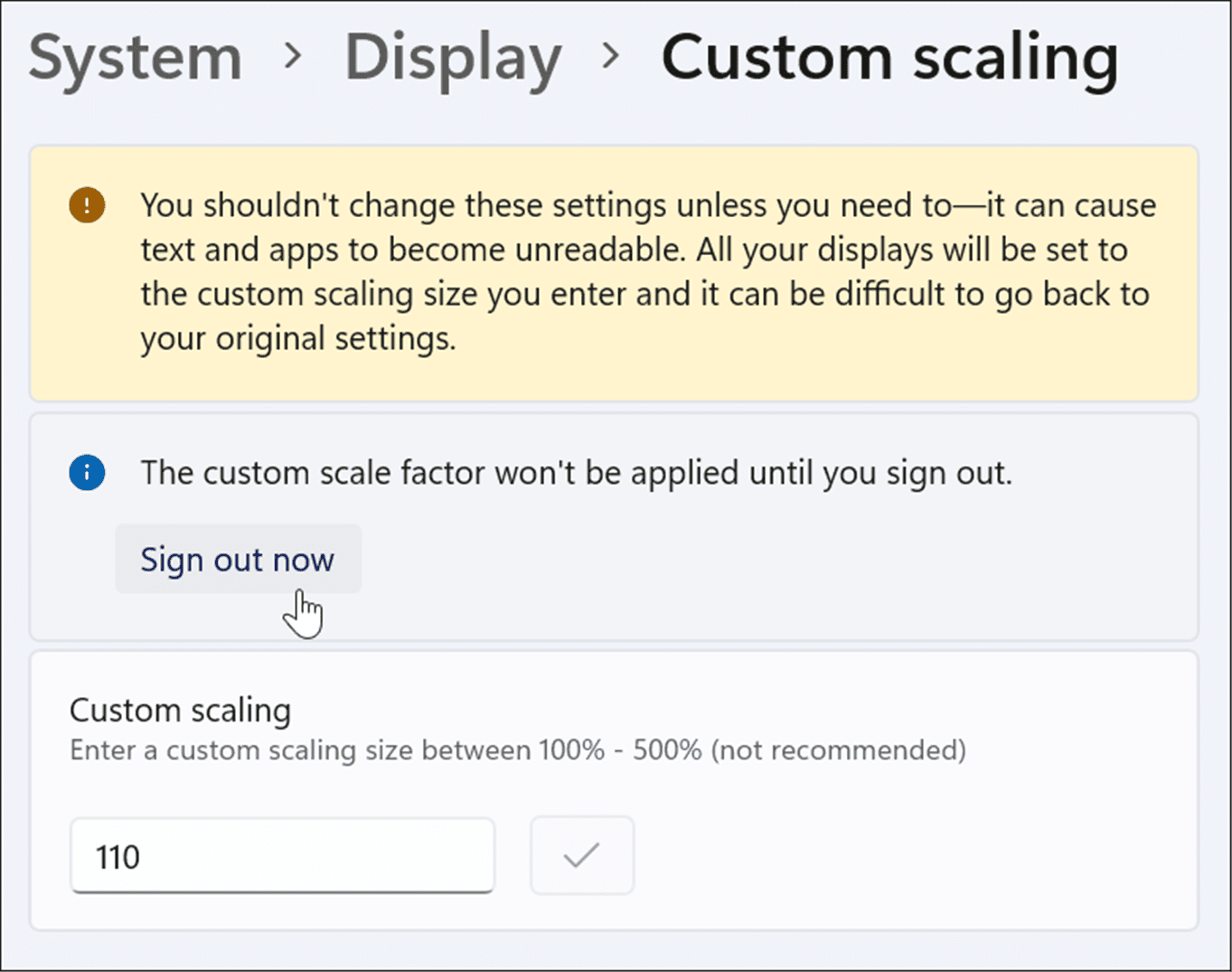 sign out adjust display scale settings on windows 11