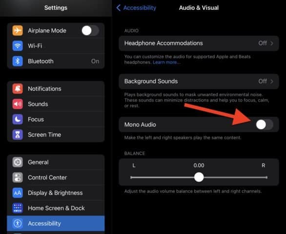 Enable and then disable the Mono Audio option in the Audio & Visual settings on your iPad