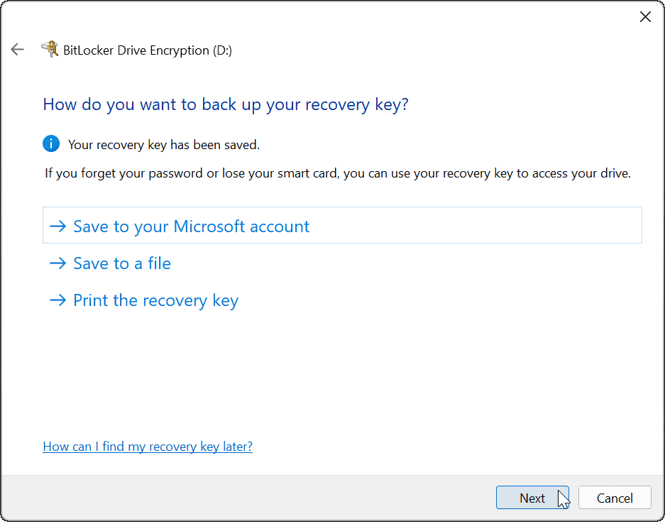 use bitlocker to go on Windows 11 recovery key