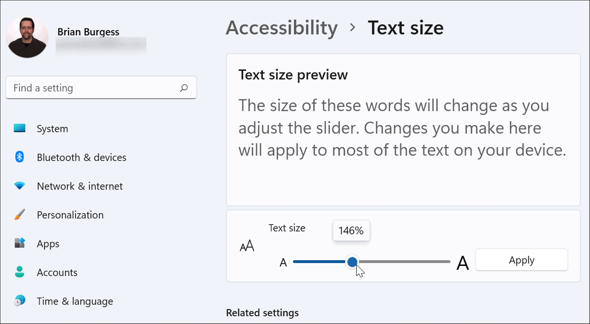 применить доступность размера текста