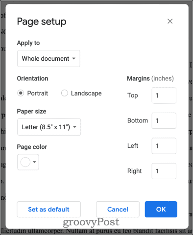 Google Docs Page Setup