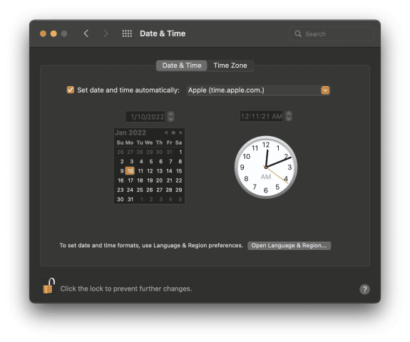 Unlock the Date & Time screen in System Preferences by entering your password