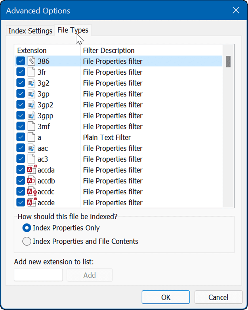 types de fichiers d'options avancées