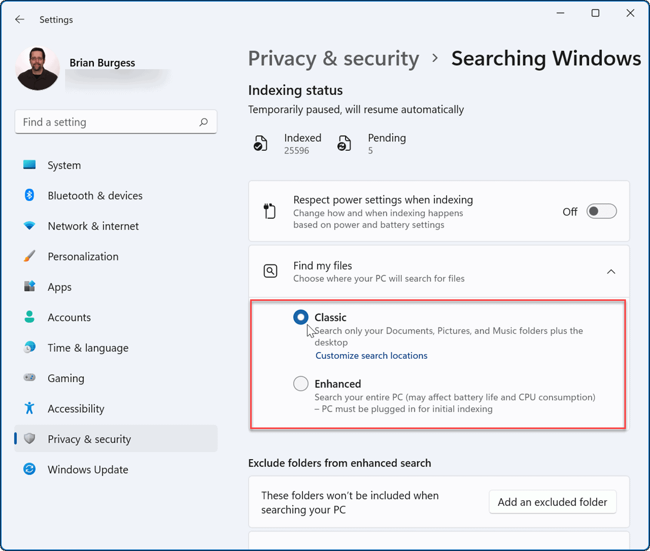  indexing status windows 11 settings
